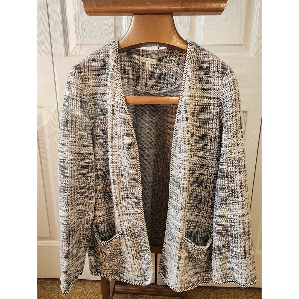 Max Studio Black White Tweed Knit Open Front Cardigan Jacket XL 9706K23